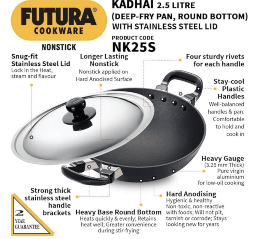 Hawkins Futura Nonstick Kadhai 2.5 L, 26 cm, 3.25 mm with SS lid (Black) - Image 5